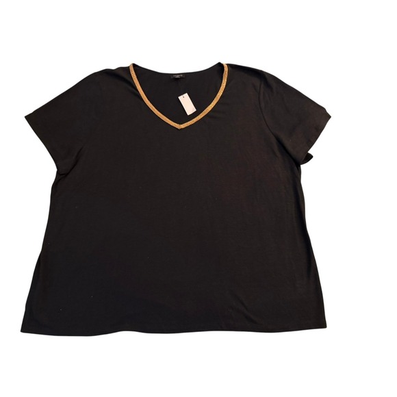 Talbots Sweaters - Talbots Black V Neck Top Women's 2X Metallic Gold Trim Short Sleeve Knit Casual
